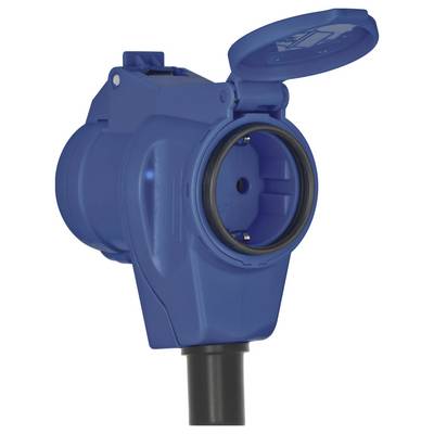 Prise électrique industrielle bleue avec couvercle de protection articulé et entrée de câble noire, présentée isolée sur fond blanc.