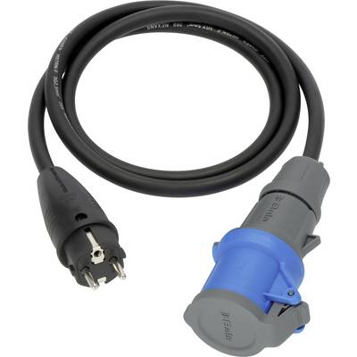 Câble d'alimentation électrique noir avec une fiche noire et un connecteur industriel gris-bleu sur fond blanc.