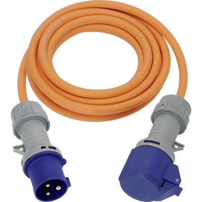 Câble d'alimentation orange enroulé avec connecteurs de prise industrielle bleu et gris aux deux extrémités.