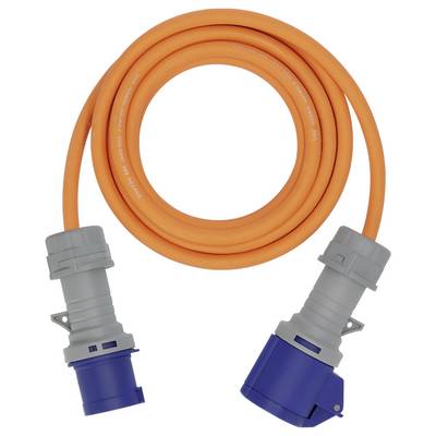 Câble d'alimentation électrique Orange de qualité industrielle lourde avec connecteurs de fiches industrielles gris et bleu aux deux extrémités, présenté enroulé sur un fond blanc.