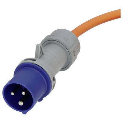 Gros plan d'un câble orange se terminant par un connecteur de prise industrielle trois broches bleu et gris.