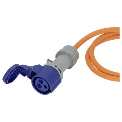 Prise électrique industrielle bleue connectée à un connecteur gris avec un câble orange, présentée sur un fond blanc.