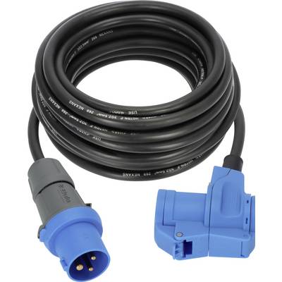 Câble d'alimentation noir enroulé avec connecteurs industriels bleus, une fiche mâle et une prise femelle verrouillable, sur fond blanc.