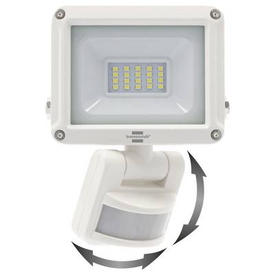 Projecteur LED blanc d'extérieur avec un capteur de mouvement en dessous, montré avec des flèches courbes indiquant l'inclinaison et la rotation ajustables.