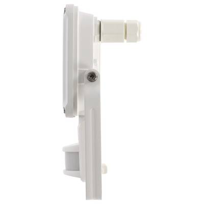 Capteur de mouvement ou détecteur blanc monté en applique montré en vue latérale, avec lentille cylindrique et support de montage réglable sur un fond uni.