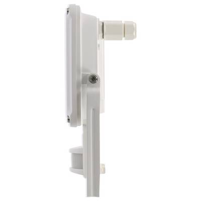 Vue latérale d'un support de montage blanc en plastique ajustable avec un connecteur cylindrique, présenté sur un fond uni.