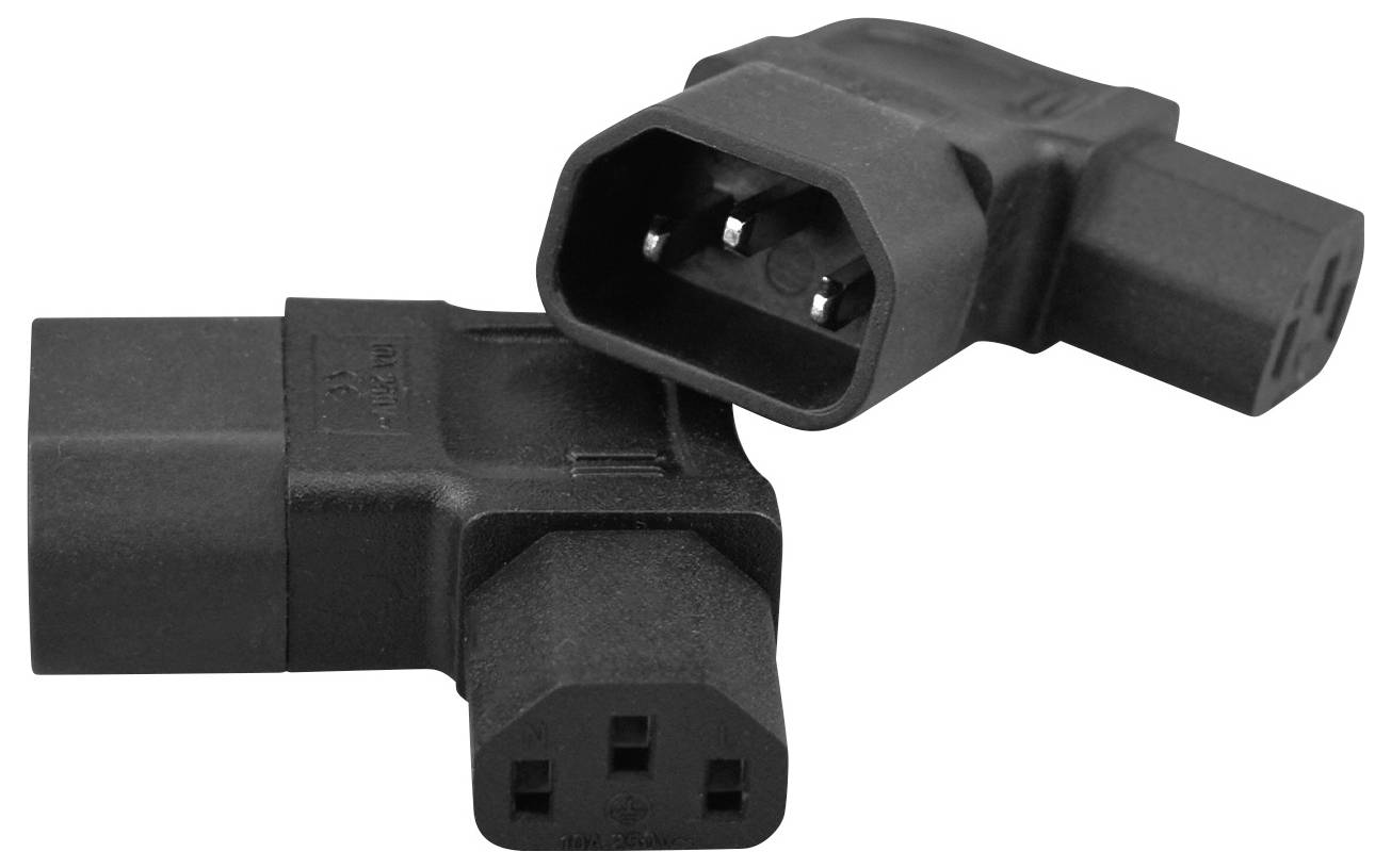 Deux connecteurs/adaptateurs électriques IEC noirs présentés sur un fond blanc, l'un avec une prise droite et l'autre avec une prise coudée.