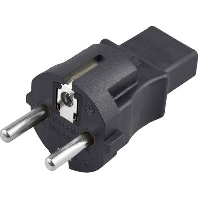 Adaptateur de prise électrique à deux broches noires avec des broches métalliques rondes, présenté sur un fond blanc.