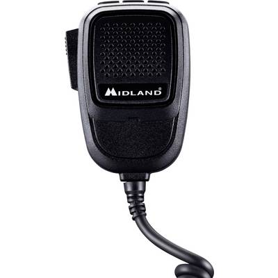 Un microphone portatif Midland noir avec grille de haut-parleur et logo, attaché à un câble enroulé, sur fond blanc.