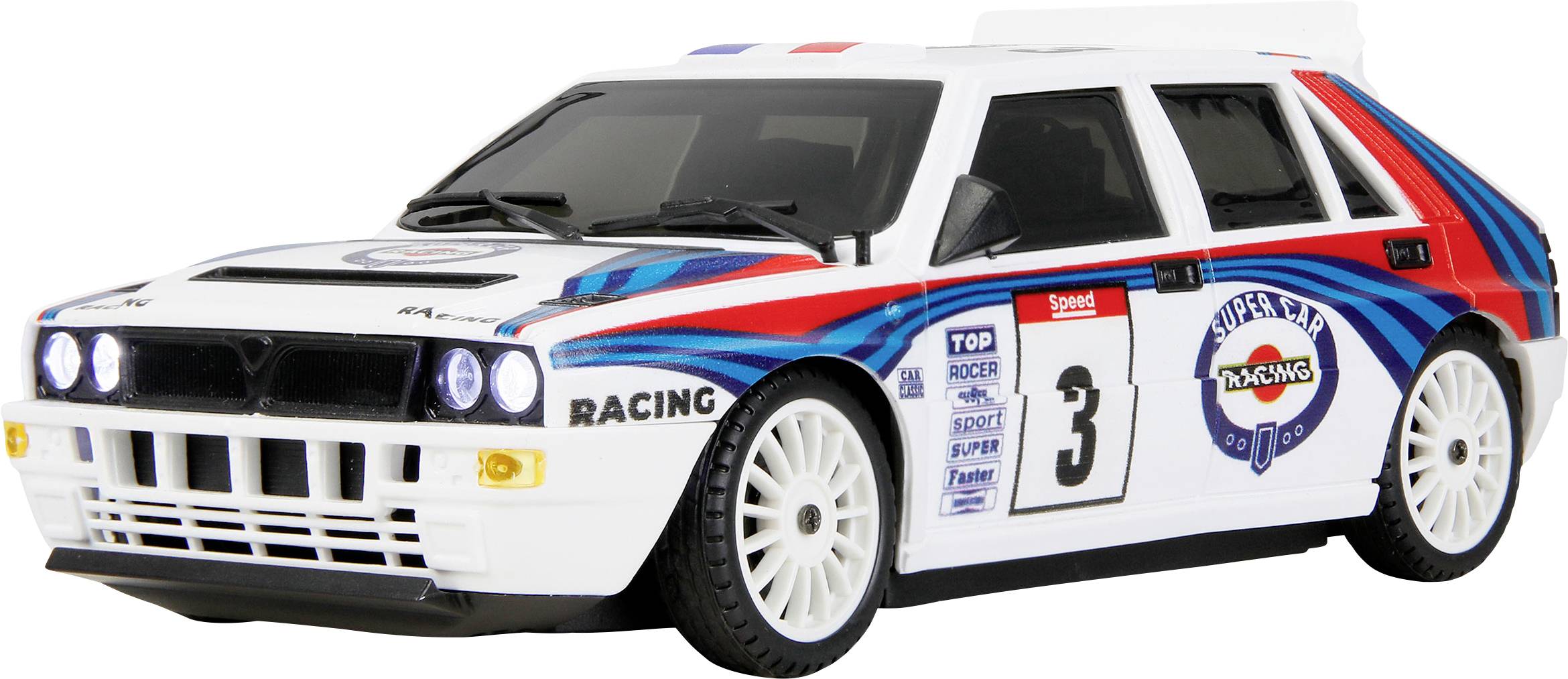 Un modèle de voiture de course blanche avec des rayures rouges, bleues et noires. La voiture présente un numéro « 3 » et divers logos de sponsors sur les côtés.