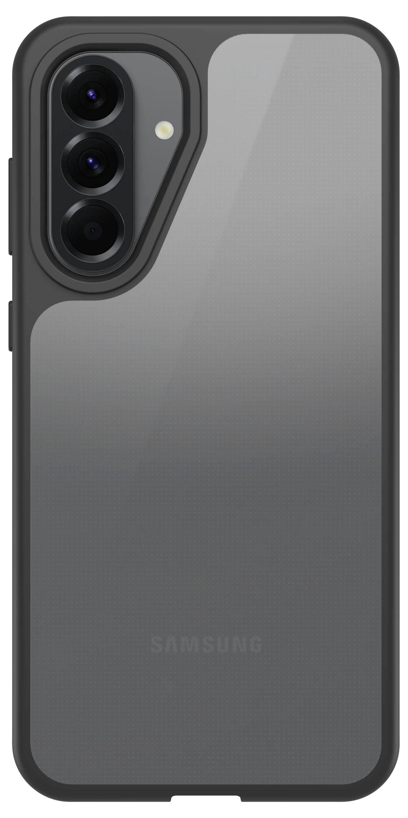 Étui de smartphone Samsung noir avec découpe surélevée pour caméra permettant l'accès aux trois objectifs arrière et au flash, montré de l'arrière.