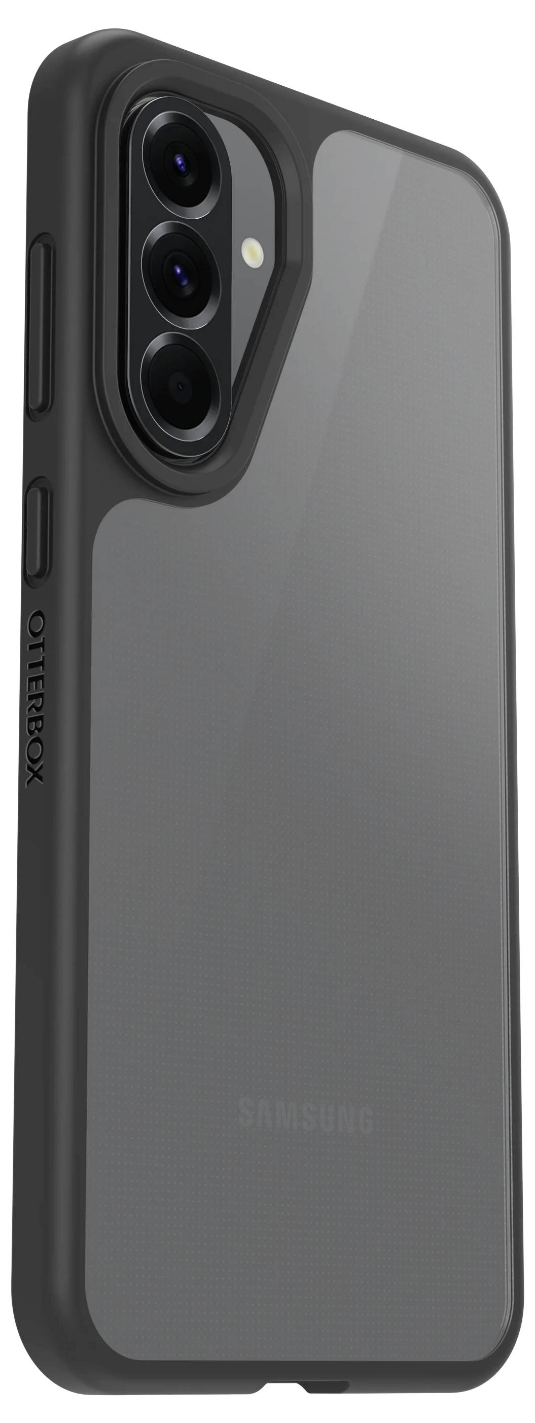 Étui pour smartphone Samsung gris avec un pare-chocs protecteur noir et une découpe surélevée pour triple caméra, présenté en gros plan sur un fond uni.