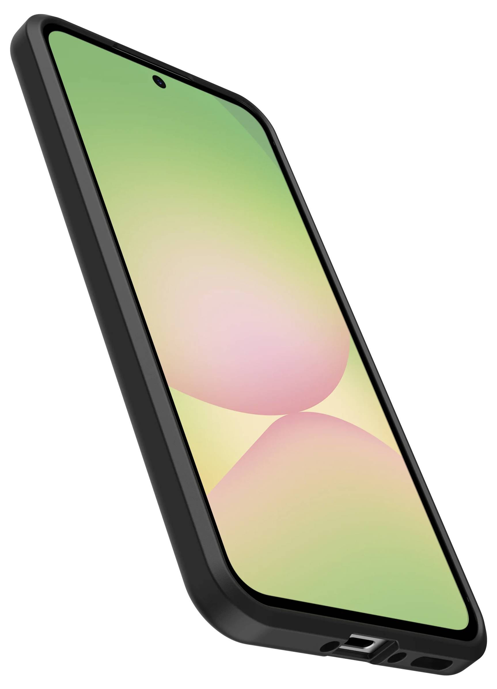 Smartphone noir présenté sous un angle, avec un écran dégradé coloré et une caméra frontale centralisée dans un boîtier de protection.