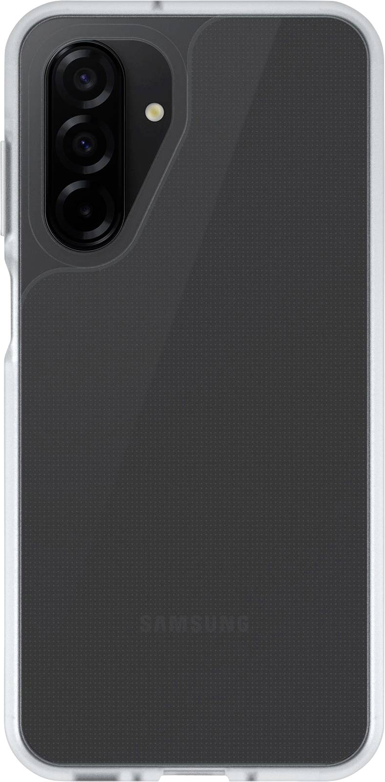 Un smartphone noir avec un étui de protection transparent, présentant trois objectifs de caméra arrière arrangés verticalement dans le coin supérieur gauche.