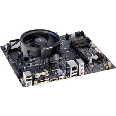 Image d'une carte mère d'ordinateur avec un ventilateur de processeur, divers ports et emplacements pour la RAM et les cartes d'extension, indiquant la configuration matérielle.