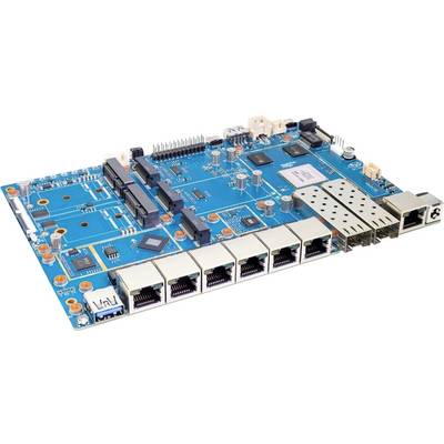 Une carte mère d'ordinateur bleue avec divers composants électroniques, y compris plusieurs ports, connecteurs et petites puces noires.