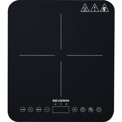 Plaque de cuisson à induction portable avec commandes tactiles étiquetées ; features des icônes pour l'alimentation, la température, le mode turbo et les avertissements de sécurité.