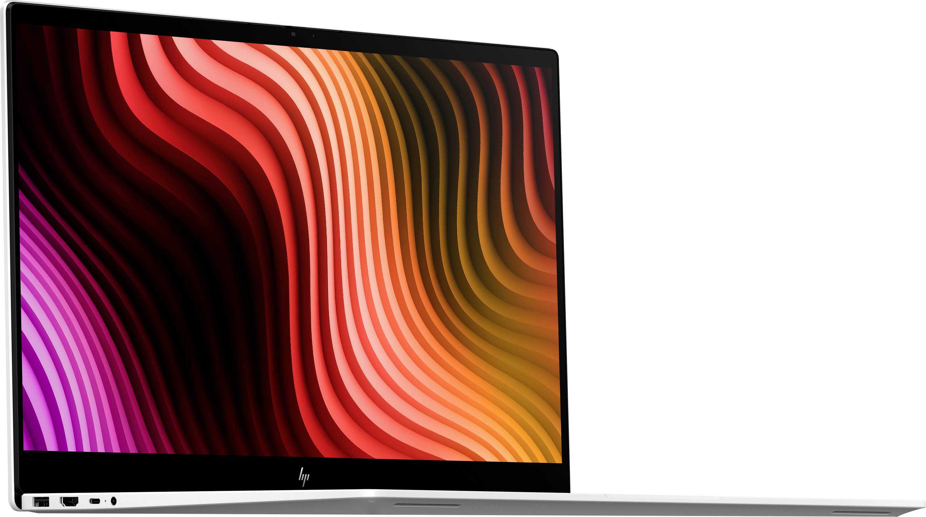 Un ordinateur portable avec un motif d'onde abstraite vibrant en orange, rouge et violet sur l'écran, vu sous un angle latéral avec un design épuré.