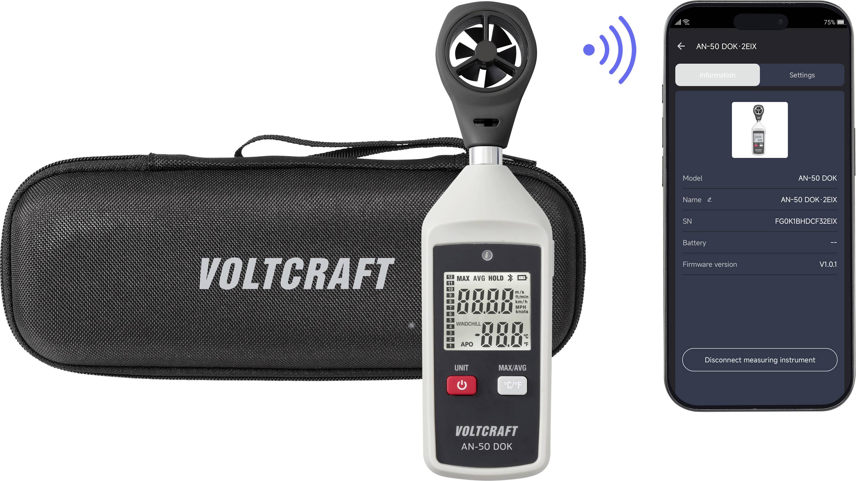 Anémomètre portable VOLTCRAFT avec étui de transport, montré en train de se connecter sans fil à une application smartphone pour mesurer la vitesse du vent.