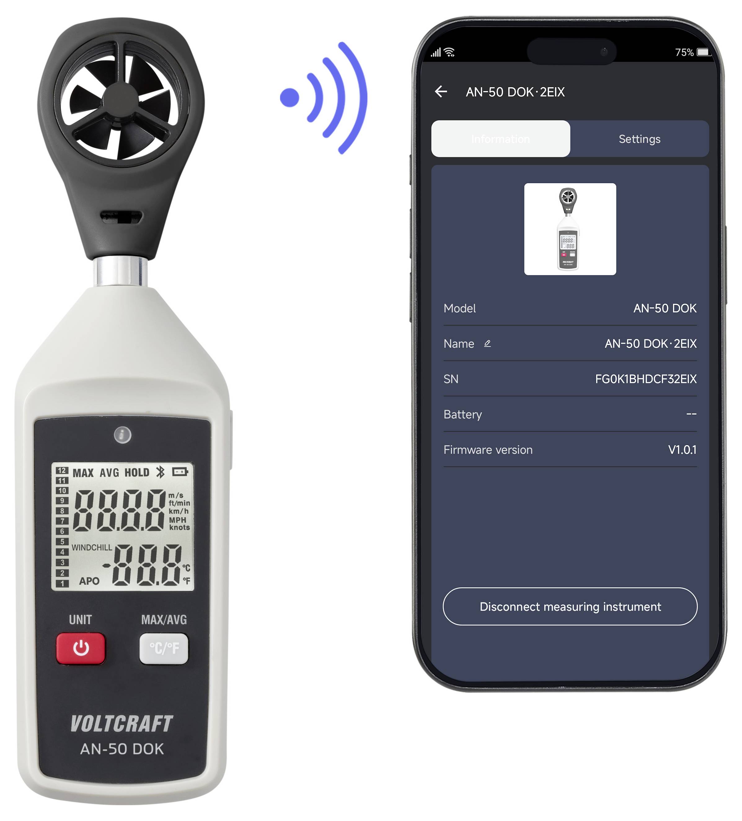 Anémomètre portatif VOLTCRAFT couplé sans fil à une application smartphone affichant les détails de l'appareil et un bouton de déconnexion.