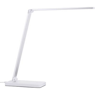Une lampe de bureau élégante et moderne avec un bras fin et ajustable et une base carrée, conçue pour un usage domestique ou professionnel.
