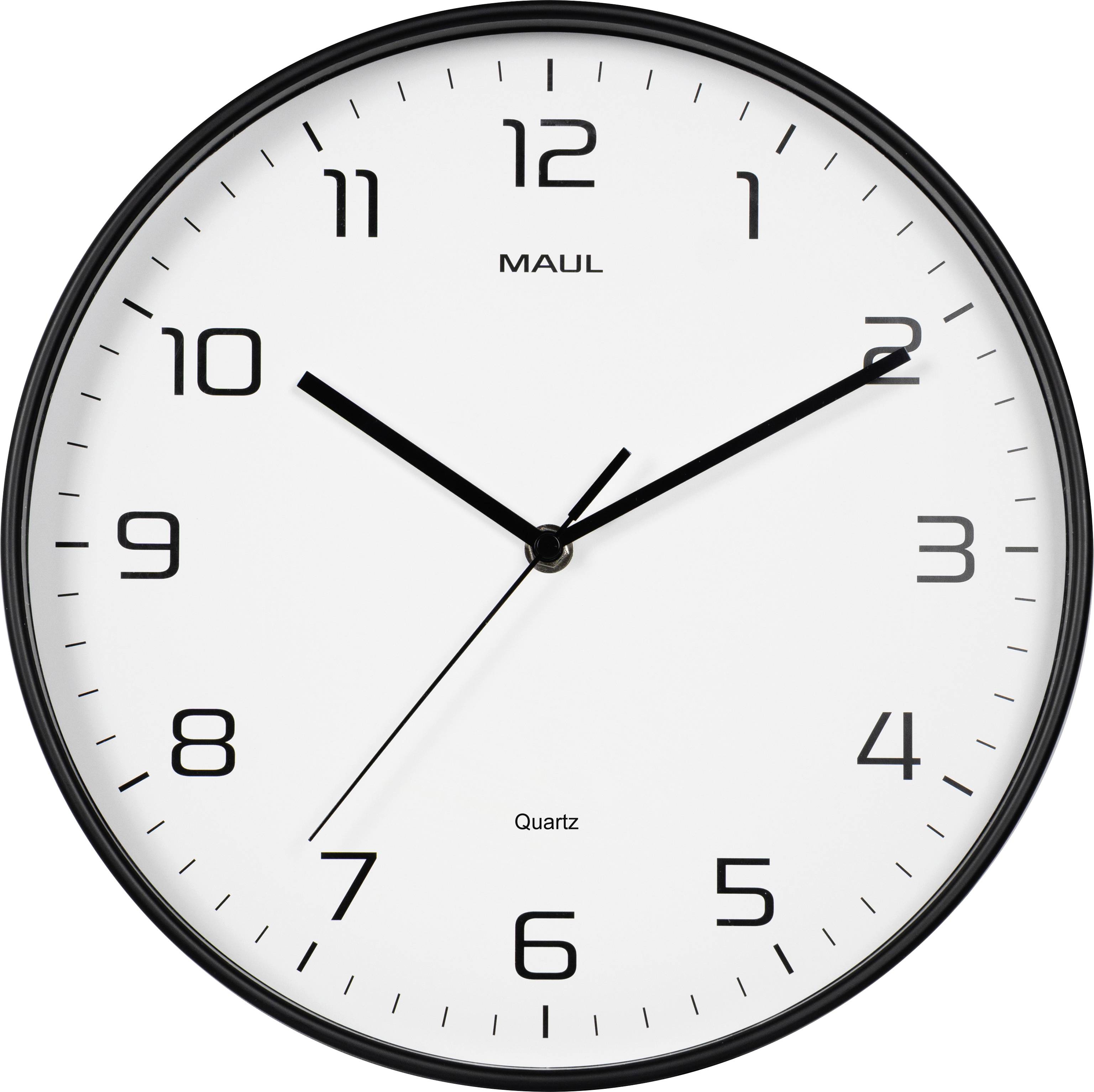 Une horloge murale ronde avec des chiffres et des aiguilles noirs, affichant l'heure à 10:08.