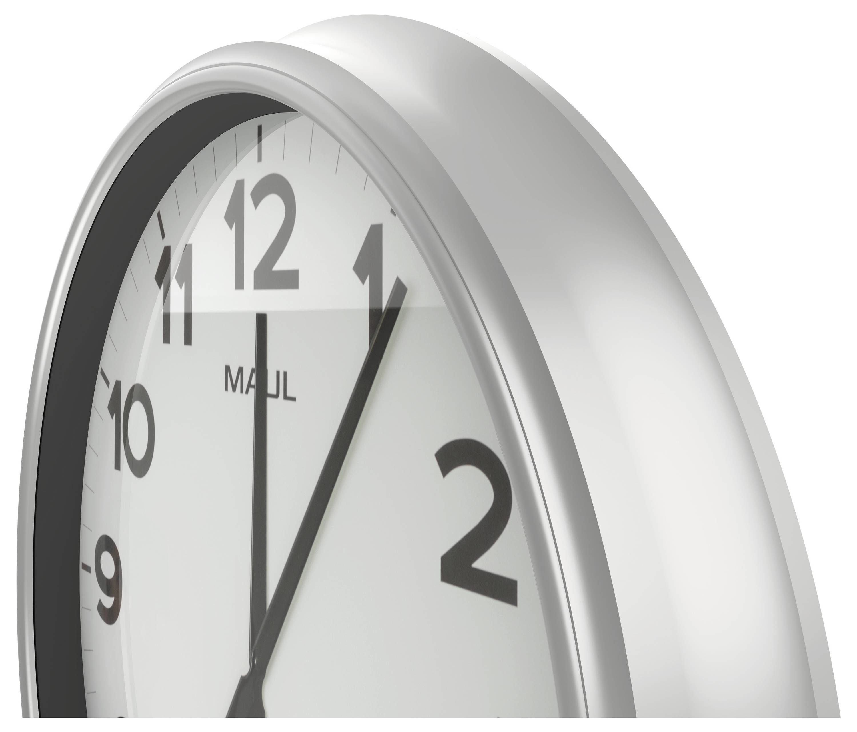 Une horloge murale en argent affiche l'heure comme 10h10.