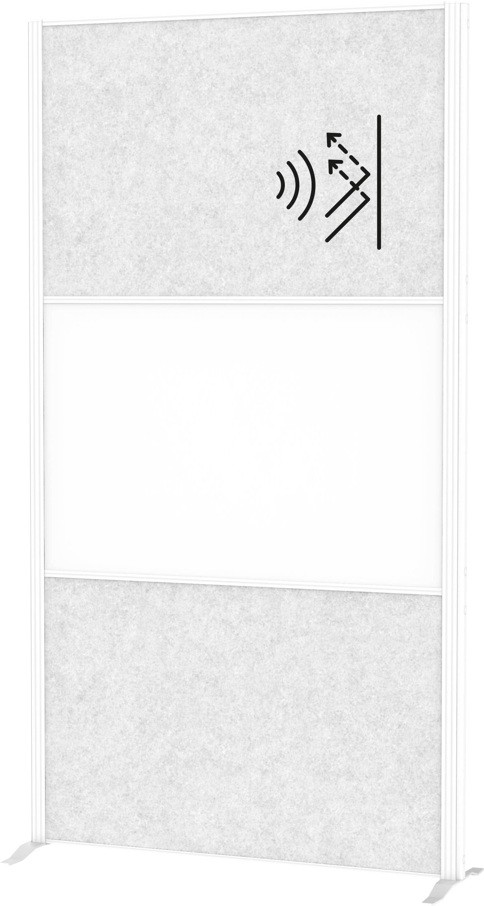 Un panneau debout avec un symbole de carte tactile en haut à droite, présentant une personne touchant une surface, indiquant l'accessibilité pour les utilisateurs malvoyants.
