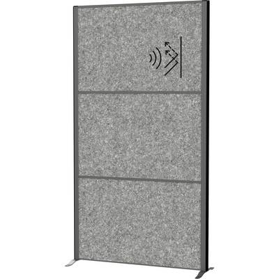Panneau de partition gris insonorisé avec symbole de haut-parleur dans le coin supérieur droit, conçu pour réduire le bruit dans les espaces de bureau ou de studio.