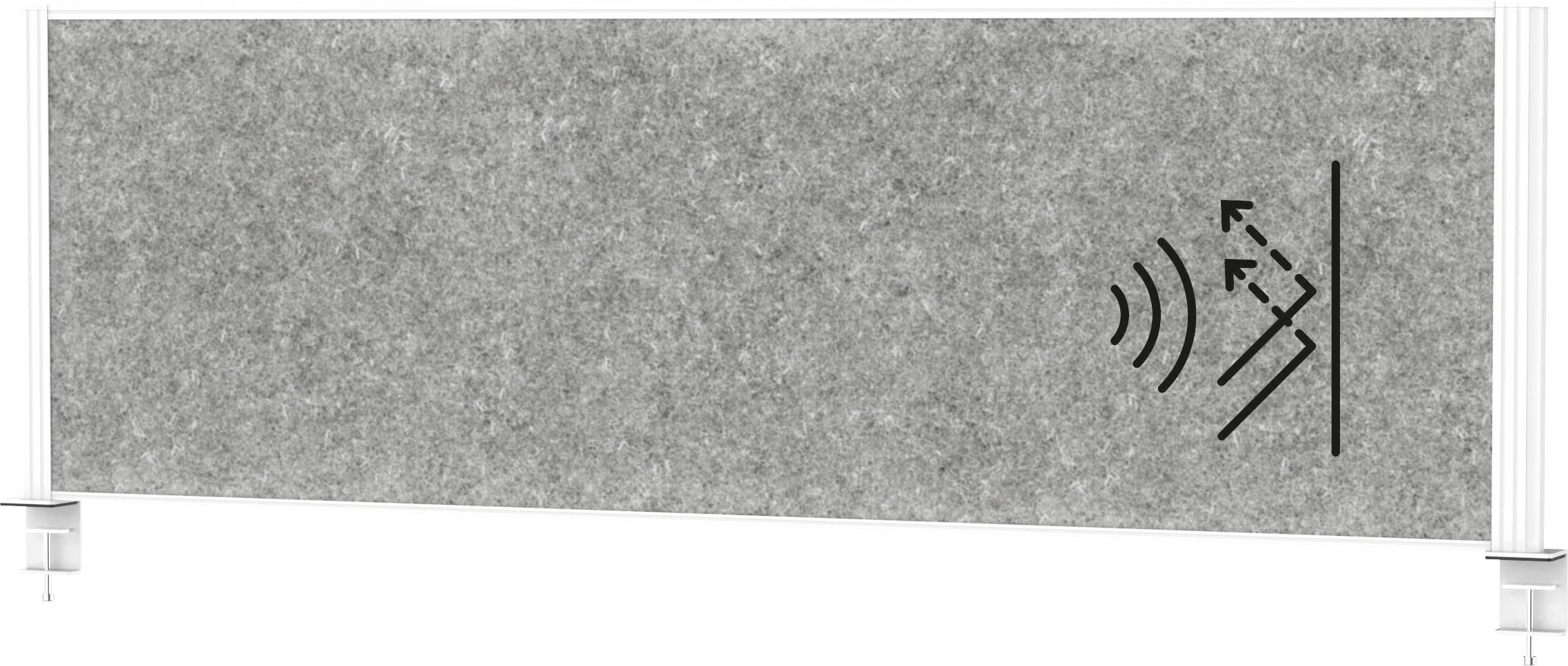 Un panneau acoustique gris avec une icône d'onde sonore et une flèche, indiquant les capacités d'absorption du bruit ou d'insonorisation, est monté sur un mur.