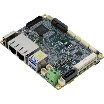 Carte mère informatique de petite taille dotée de plusieurs ports et connecteurs, notamment USB, Ethernet et SATA, adaptée aux systèmes embarqués.