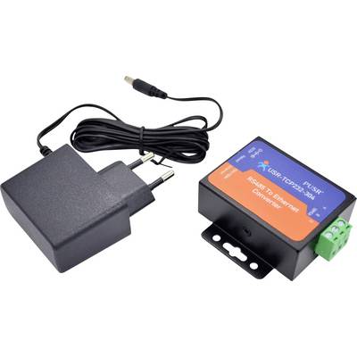 Convertisseur 'RS485 vers Ethernet' avec adaptateur d'alimentation et câble, utilisé pour convertir les signaux RS485 en Ethernet pour l'intégration réseau.