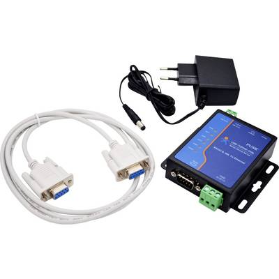 Un appareil d'interface réseau avec des voyants indicateurs, un adaptateur d'alimentation et des câbles de connexion série, utilisé pour la connectivité des modems et routeurs.