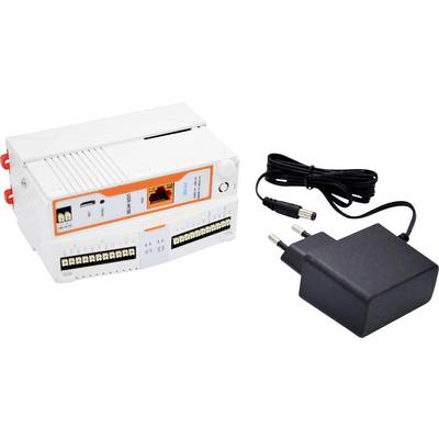 Un appareil électronique blanc avec des ports de connectivité et un port Ethernet, associé à un adaptateur d'alimentation noir avec une prise, sur un fond blanc.