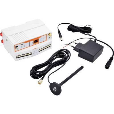 Un ensemble de composants électroniques comprenant un appareil blanc avec des connecteurs, un adaptateur d'alimentation, un long câble noir et une antenne.