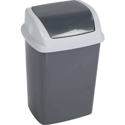 Un bac à déchets en plastique gris avec couvercle basculant, conçu pour une utilisation intérieure, adapté aux cuisines ou aux bureaux.