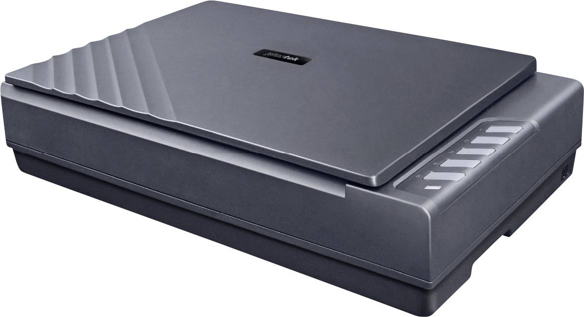 Un scanner à plat avec couvercle fermé, présentant un design élégant gris foncé et un logo de marque visible sur le dessus.