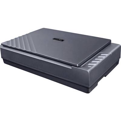 Un scanner à plat avec couvercle fermé, présentant un design élégant gris foncé et un logo de marque visible sur le dessus.
