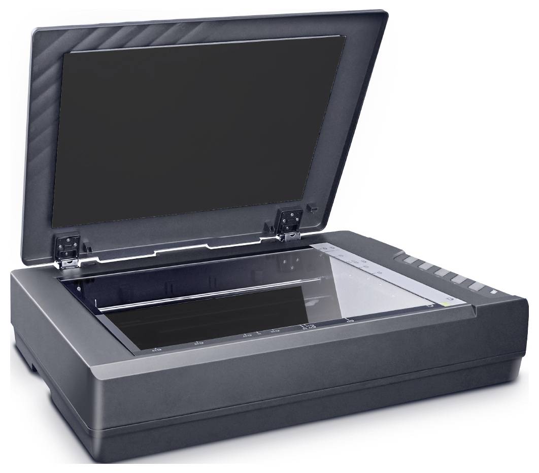 Un scanneur à plat ouvert avec un couvercle levé, montrant une surface de verre de numérisation, prêt à numériser des documents ou des photos.