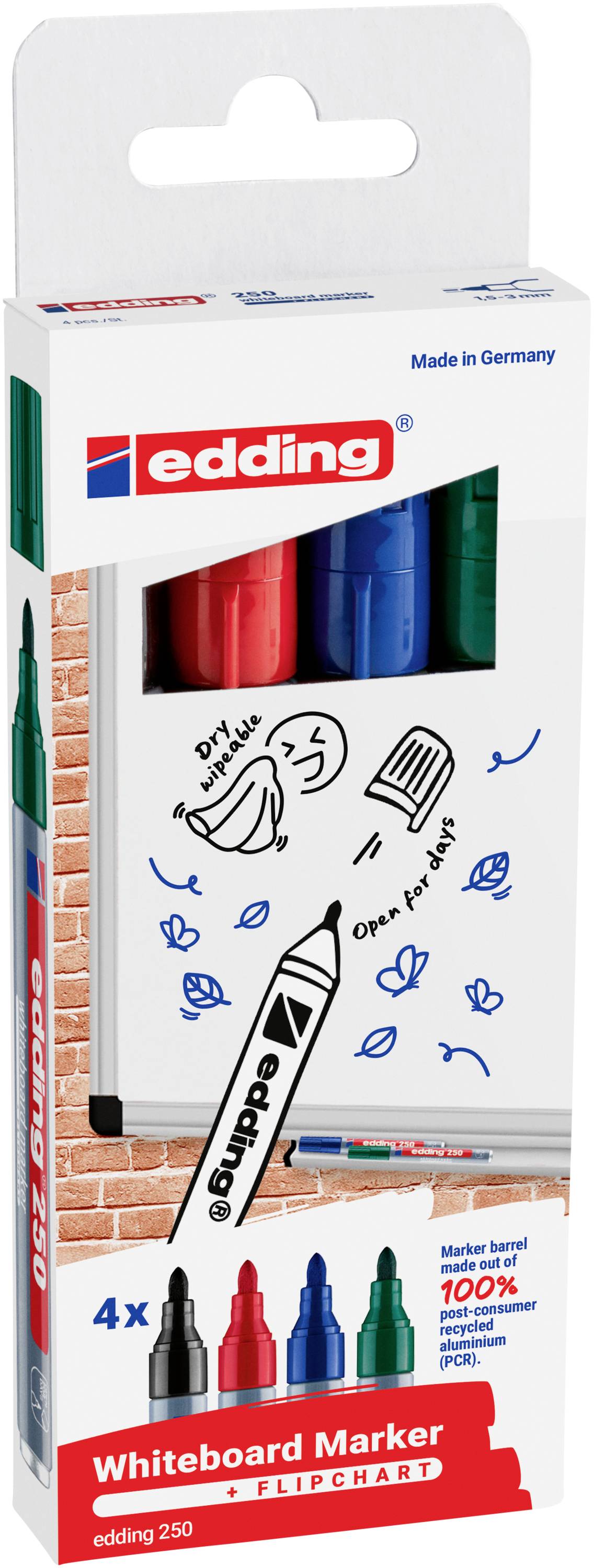 Edding 4-250-4-2 Set de marqueurs pour tableau blanc bleu, vert, rouge, noir 4 pc(s)-0