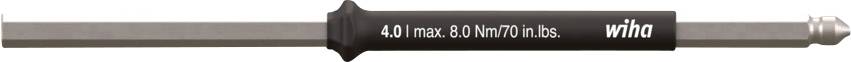 Un long outil cylindrique en métal avec un manche noir étiqueté « 1/4in/4Nm » et « Wera », utilisé pour les applications de couple de précision.
