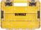 Boîte à outils Dewalt jaune avec couvercle transparent, dotée d'une poignée noire et de fermoirs.