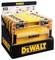 Exposition de boîtes à outils DeWalt empilées dans un présentoir de marque noir et jaune, mettant en avant les options d'organisation et de rangement.