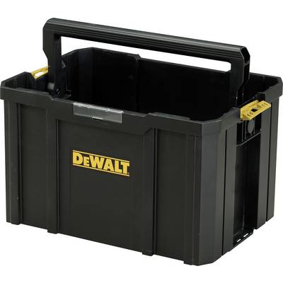 Une boîte à outils en plastique noir avec une poignée robuste, arborant le logo « DEWALT » en jaune.