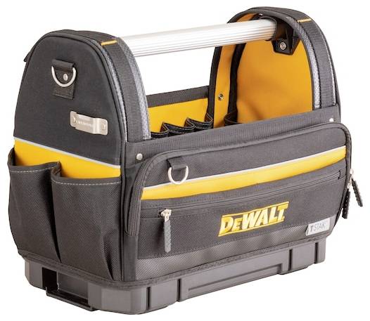 Sac à outils Dewalt TSTAK noir et jaune avec une poignée métallique, plusieurs poches et des compartiments à fermeture éclair pour organiser les outils et les accessoires.