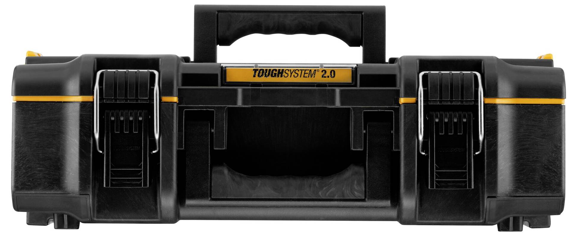 Une boîte à outils noire et orange portant l'étiquette « TOUGHSYSTEM 2.0 », dotée de deux grands fermoirs et d'une poignée sur le dessus, conçue pour un stockage robuste et professionnel.