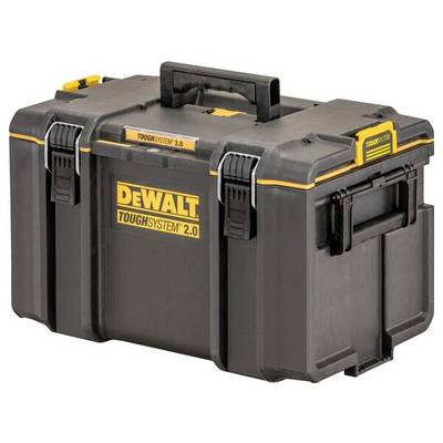Boîte à outils noire et jaune « Dewalt ToughSystem 2.0 » dotée de loquets robustes et de poignées, conçue pour le rangement et le transport des outils.
