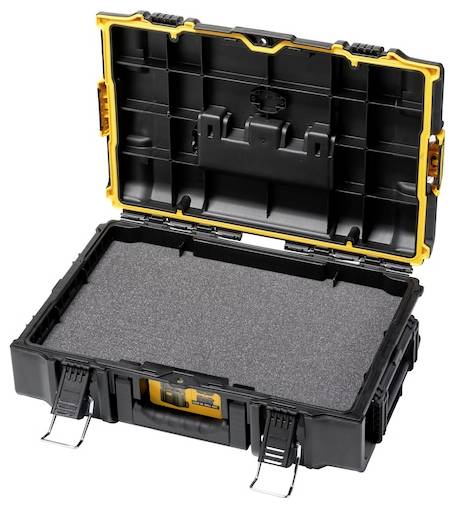 Un étui de rangement d'outils ouvert noir et jaune avec des inserts en mousse, montrant des compartiments pour organiser divers outils, vue de dessus.