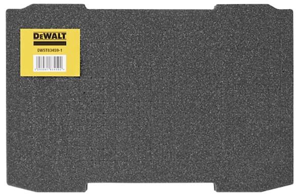 Un insert en mousse noire pour les boîtes à outils DeWalt, étiqueté DWST834591, conçu pour organiser et sécuriser les outils pendant le transport.