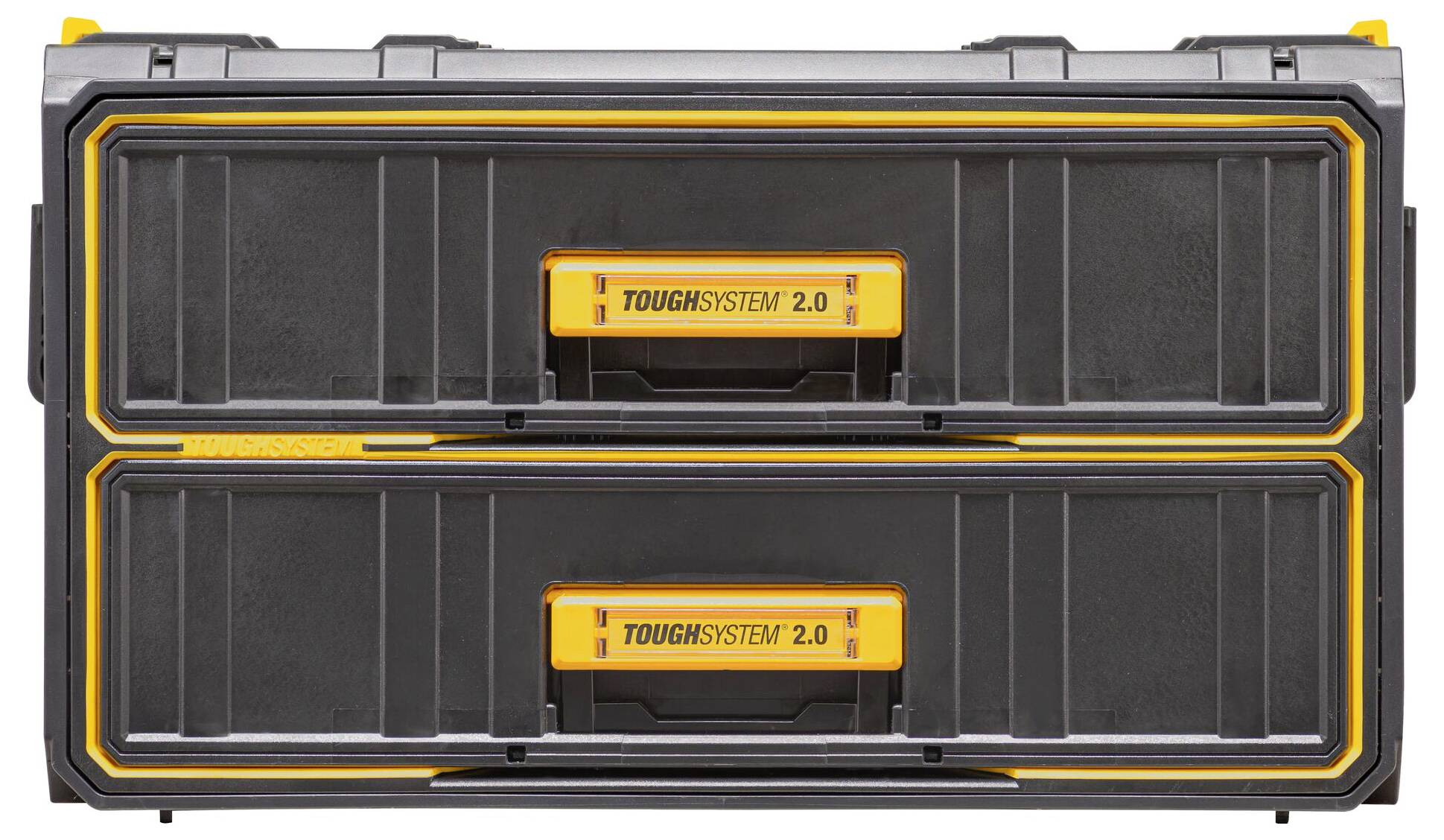 Boîte à outils 'ToughSystem 2.0' noire et jaune avec deux tiroirs empilables, conçue pour un rangement d'outils durable et un accès facile.